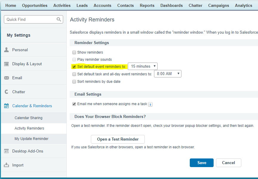 Activity Reminder Settings Salesforce